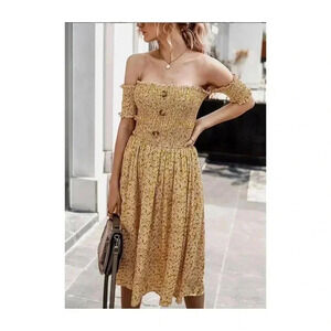 🆕Boho Trendy Floral Smocked Botton Front Off-Shoulder Dress S🆕